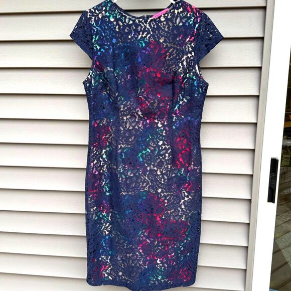 Betsey Johnson size 14 Navy Lace Overlay Floral Sheath Dress - Picture 13 of 13